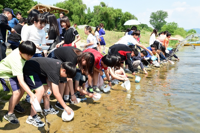17일 치어방류 행사는 원경희 시장을 비롯한 어업인과 여주초등학교 학생 등 90여명이 참여해 토종 물고기들이 남한강을 풍성하게 해 줄 것을 기원했다. (여주시청 제공)