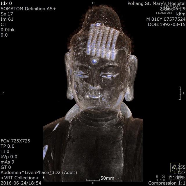 불상을 CT로 촬영한 결과 머릿속에 사경이 접힌 채로 들어 있는 모습이 관찰된다. 불교문화재연구소 제공