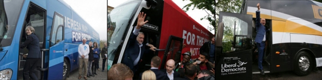 영국 정당 대표들 유세버스 타고 전국 돌며 선거운동