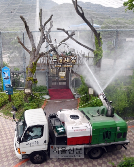 조류인플루엔자가 확산되고 있는 가운데 6일 오후 과천 서울대공원 방역사들이 출입이 통제된 조류사에 방역작업을 하고 있다.  도준석 기자 pado@seoul.co.kr