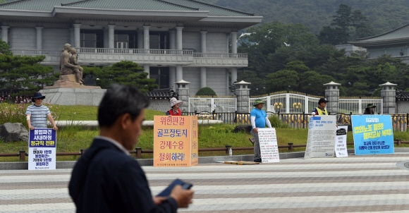 8일 청와대 분수대 앞에서 약 15여명의 1인 시위자들이 각자의 팻말을 들고 시위를 하고 있다. 2017. 6. 8. 박윤슬 기자 seul@seoul.co.kr