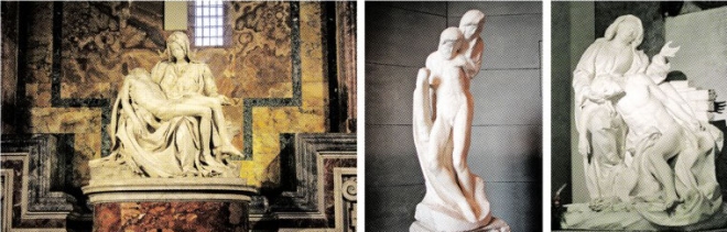 왼쪽부터 바티칸 성베드로 성당에 있는 미켈란젤로의 ‘피에타상’, 밀라노 스포르체스코성에 있는 미켈란젤로의 ‘론다니니의 피에타’, 베르니니의 ‘피에타’.