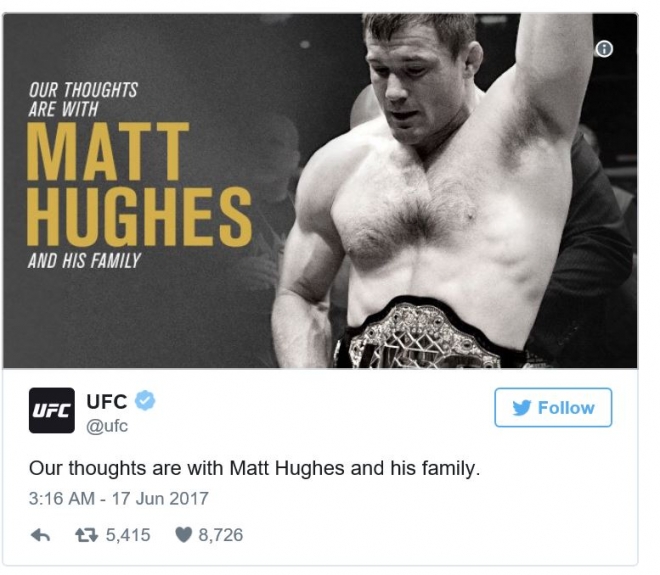 열차 충돌 사고로 잃은 의식을 이틀 째인 18일(현지시간)까지 차리지 못하고 있는 맷 휴즈. UFC 공식 트위터 갭처