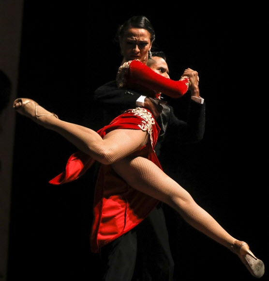 22일(현지시간) 콜롬비아 메델린에서 열린 ‘국제 탱고 페스티벌’에 참가한 댄서들이 경연을 펼치고 있다. 이달 20일 개막한 ‘국제 탱고 페스티벌’은 오는 25일까지 계속된다. AFP 연합뉴스
