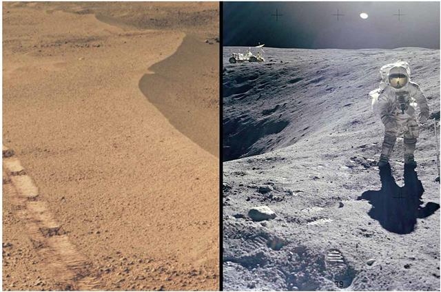 오퍼튜니티가 화성에 남긴 바퀴자국(왼쪽)과 아폴로 16호 우주비행사가 달 표면에 남긴 발자국. 출처 미 항공우주국