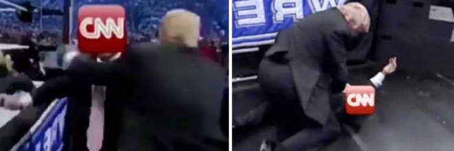 도널드 트럼프 미국 대통령이 2일(현지시간) 자신의 트위터에 올린 동영상. 이 영상에서 트럼프 대통령은 프로레슬링 경기장 링 옆에서 CNN 로고를 얼굴에 합성한 남성의 목을 가격해 쓰러뜨린 뒤(왼쪽 사진) 몸에 올라타 폭행하고 있다(오른쪽). 트위터 캡처
