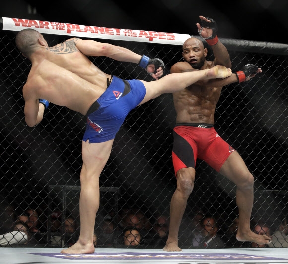 로버트 휘터커가 9일 라에베이거스에서 열린 UFC213 미들급 경기에서 요엘 로메로에게 킥을 날리고 있다. AP연합뉴스