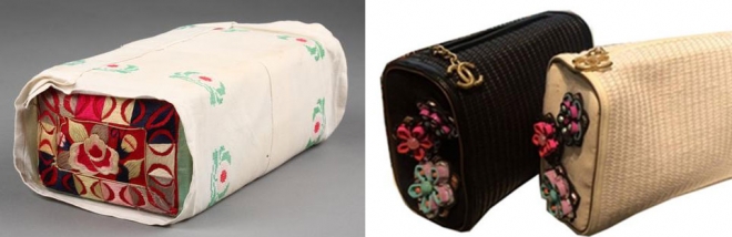 전통베개(왼쪽)와 샤넬 필로백. 전통 베개에서 아이디어를 얻은 가방으로 베개의 마구리 부분은 샤넬의 상징인 카멜리아로 장식했다. 국립민속박물관, 샤넬 제공