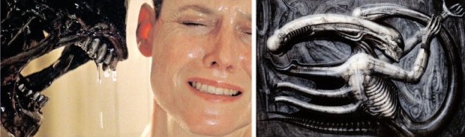 1979년에 나온 시리즈 첫편 ‘에이리언’의 한 장면(왼쪽). 리들리 스콧 감독은 초현실주의 화가 기거의 화집 ‘네크로노미콘’(오른쪽)에서 우주괴물의 영감을 얻었다.
