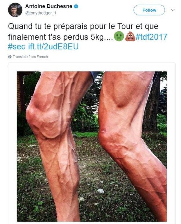 앙트완 듀세스네(캐나다)는 올해 역시 자신의 다리 사진을 올려놓았다. 그는 트루 드 프랑스에는 컷오프를 당해 출전하지 않았다. 앙트완 듀세스네 트위터 캡처