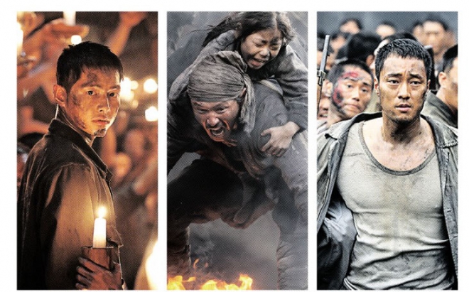 지옥섬 군함도에 강제 징용된 조선인 수백명의 생존을 위한 탈출을 이끄는 주인공들. 왼쪽부터 광복군 특수요원 박무영(송중기), 경성 반도호텔 악단장 이강옥 부녀(황정민·김수안), 종로 주먹 최칠성(소지섭). CJ엔터테인먼트 제공