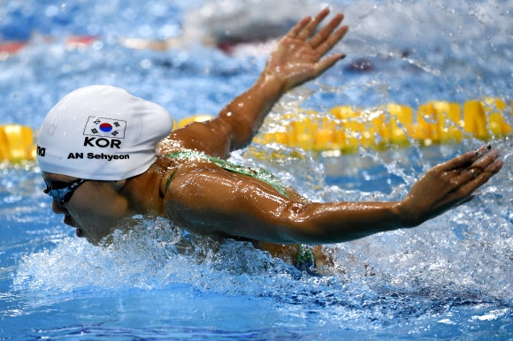 27일(한국시간) 헝가리 부다페스트 다뉴브 아레나에서 열린 국제수영연맹(FINA) 세계선수권대회 여자 접영 200ｍ 준결승에서 안세현이 역영하고 있다. 안세현은 2분07초82의 기록으로 결승에 진출했다. 부다페스트 AFP 연합뉴스
