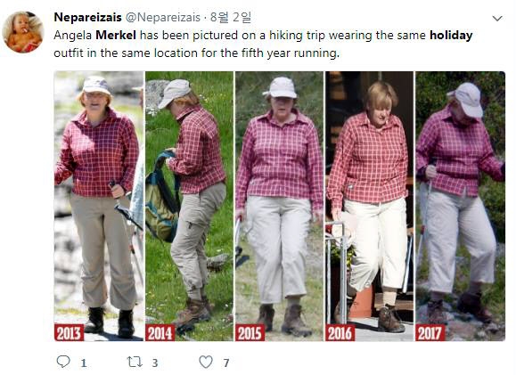 올해까지 9년째 이탈리아 북부 산악 휴양지 쥐트티롤에서 휴가를 보낸 앙겔라 메르켈 독일 총리의 휴가철 옷차림도 5년째 똑같았다는 사실을 한 네티즌이 지난 2일 포착해 연도별로 트위터에 올린 모습. 트위터 캡처