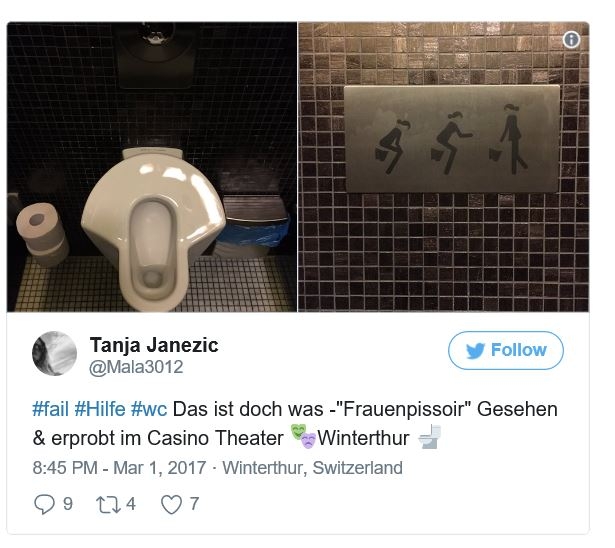 스위스의 한 여성이 트위터에 취리히 북쪽의 빈터투어 카지노 극장 화장실을 찾았다가 성중립 변기를 보고 당황했던 일을 털어놓았다. 해시태그를 ‘#fail’라고 달아 그녀가 이용하는 데 많은 불편을 겪었음을 알 수 있다. 트위터 캡처 