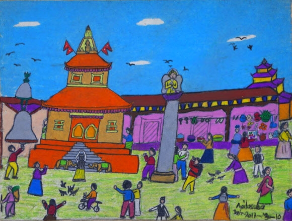 네팔 청소년들이 그린 그림 120여점이 새달 13일부터 서울 종로구 인사동의 갤러리 라메르에서 전시된다. 그림은 아이타슈바 비케이 학생의 작품. 엄홍길휴먼재단 제공