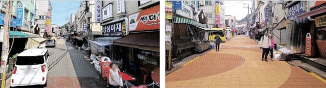 지난해 실시한 서울 광진구 자양로50길 보행자우선도로 조성 전(왼쪽)과 조성 후 모습. 광진구 제공