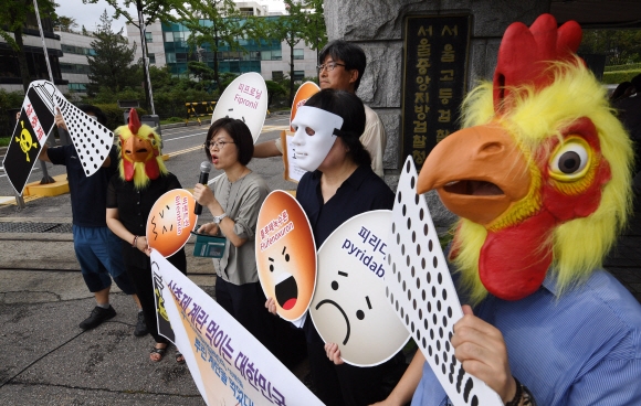2013년부터 2016년까지 최근 3년간 식품위생법 위반으로 적발된 사례가 53%나 늘었다. 사진은 살충제 계란 관리 부실에 대해 항의하는 시민단체들의 퍼포먼스 2017. 8. 23 손형준 기자 boltagoo@seoul.co.kr