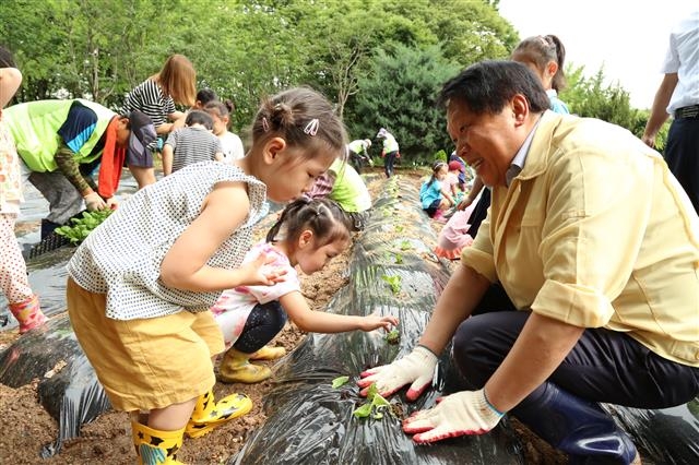 이성 구로구청장이 지난 18일 서울 구로구 오류 나들목(IC) 어린이도시농업체험장에서 아이들과 눈을 맞추며 배추심기를 하고 있다. 구로구 제공