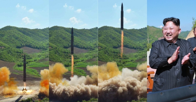 7월 4일 발사된 북한의 대륙간탄도미사일(ICBM)급 ‘화성-14형’의 모습.  연합뉴스 자료사진