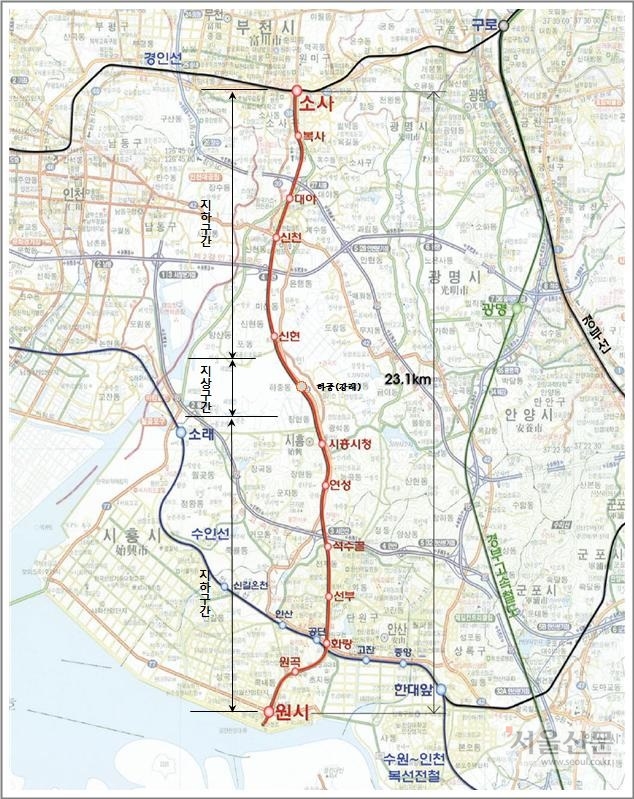 내년 6월 개통예정인 소사~원시 복선전철 노선도. 시흥시 제공 