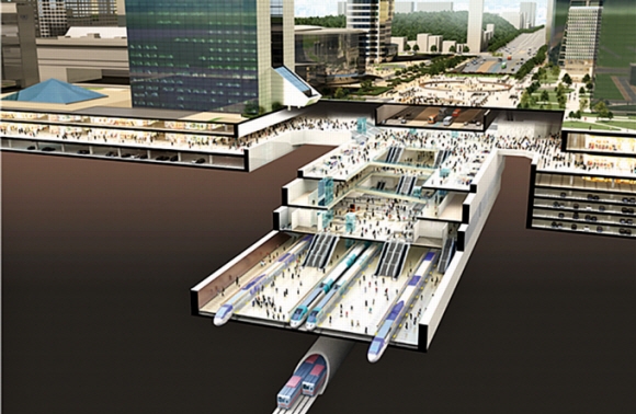 2023년까지 서울 영동대로 코엑스와 옛 한국전력 부지(현대차 글로벌비즈니스센터 건립 예정) 사이 지하에 조성하는 복합환승센터 조감도. 환승센터 위 지상공간에는 서울광장 2.5배 크기의 국내 최대 차 없는 광장이 들어선다.