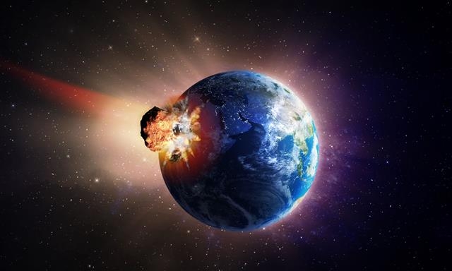 독일 연구진이 100만년 이내에 19~24개의 별이 혜성이나 소행성의 경로를 변화시켜 지구와 충돌할 수 있다는 계산 결과를 발표했다. 혜성이 지구로 돌진해 부딪치는 모습의 가상도. AFP·영국 가디언 제공