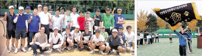 과학기술정보통신부 테니스 동호회는 체신부 시절 만들어져 지금까지도 주말마다 모여 테니스를 즐긴다. 오른쪽 사진은 2014년 중앙행정기관들이 겨루는 동호회 대회에서 2연패를 한 모습. 과기정통부 테니스 동호회 제공