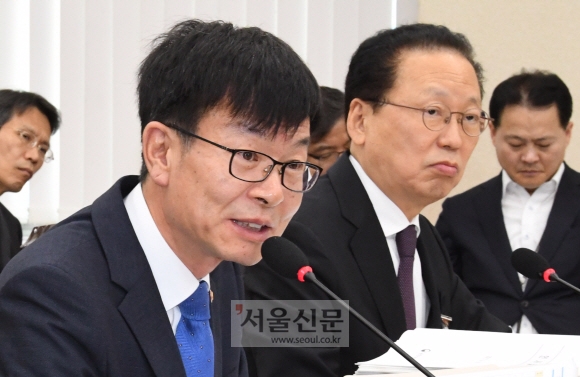 김상조 공정거래위원장이 18일 국회 정무위원회 전체회의에서 의원들의 질문에 답변을 하고 있다.  이종원 선임기자 jongwon@seoul.co.kr