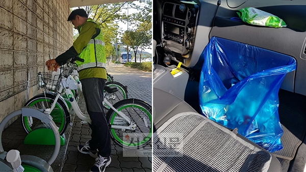 공공자전거관리소의 한 직원이 서울시 공공자전거 상암센터 대여소에 세워진 자전거 바구니에 담긴 쓰레기를 치우고 있다.(좌) 공공자전거관리소 직원들이 공공자전거 따릉이 대여소를 돌며 수거한 쓰레기들.(우) 사진제공=공공자전거관리소. 