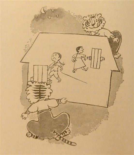 겨레와 어린이에 실린 권정생의 동화 “곰이와 오푼돌이 아저씨”의 삽화. 잘 알려진 우리나라 전래동화를 모티브로 삼아 한국전쟁에 대한 이야기를 풀어내고 있다.