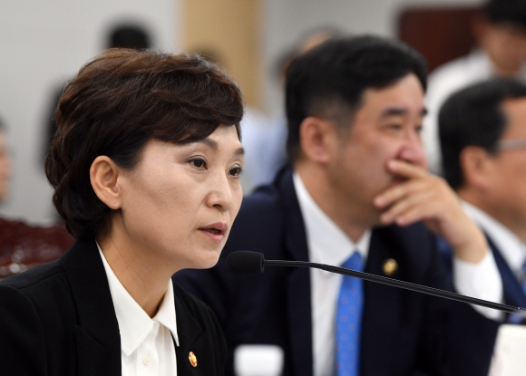 김현미(왼쪽) 국토교통부 장관이 12일 정부세종청사에서 열린 국토부 국정감사에서 의원들의 질의에 답하고 있다. 세종 정연호 기자 tpgdo@seoul.co.kr