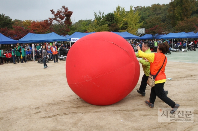 지난해 열린 ‘장애인 어울림 한마당 대축제’에서 ‘공굴리기 대회’에 참가한 장애인들이 공을 굴리며 뛰어가고 있다. 강서구 제공 