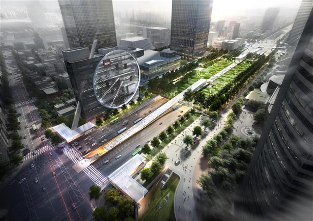 서울 강남 영동대로 지하철 2호선 삼성역과 9호선 봉은사역 사이 영동대로에 서울시청 광장 2.3배 규모의 공원이 생기고 지하에는 철도노선 5개 지나는 복합환승센터가 들어선다. 사진은 센터 지상 공원 조감도. 서울시 제공
