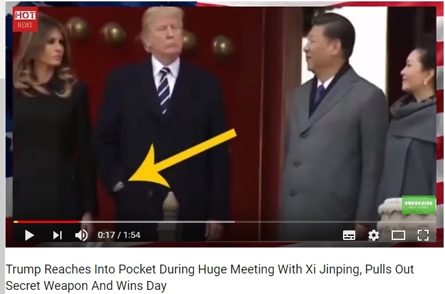 8일 중국 자금성을 관람하던 도널드 트럼프 미국 대통령이 여전히 호주머니에 손을 넣고 있는 것을 풍자한 유뷰브 방송. 유튜브 캡처