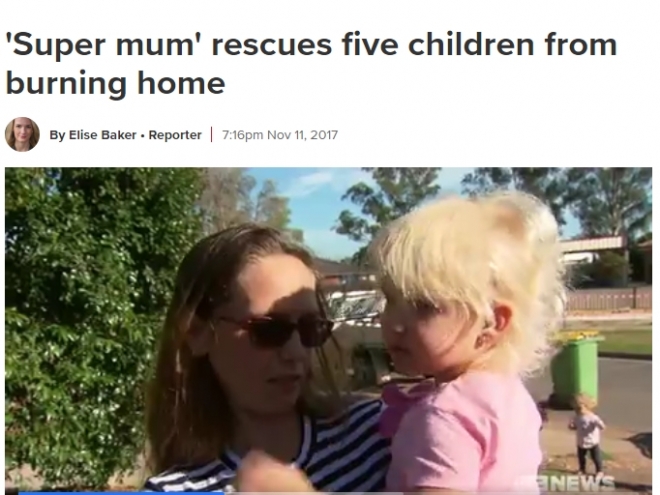 불이 난 집에서 자녀 5명을 구해낸 엄마를 다룬 호주 매체의 기사.9news 캡처