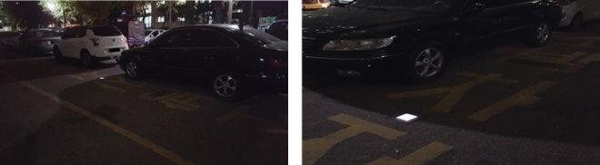 소방차통행로 노면표시 및 태양광블록이 설치되어 있음에도 불구하고 그 위에 버젓이 불법주차 한 차량들.