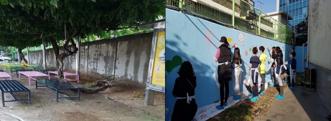 홍은초등학교 학생, 학부모외 셰플러코리아 등 봉사단이 벽화그리기에 동참해 황량한 벽면(왼쪽)에 벽화를 그리고 있다.
