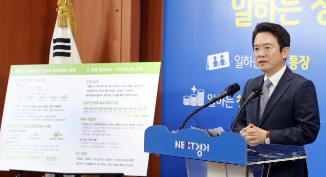 15일 남경필 경기도지사가 기자회견에서 “서울형 미세먼지 대책’에 불참을 선언하고 경유버스의 전기버스 대체 등 자체 대책을 추진하겠다”는 입장을 밝히고 있다.경기도제공