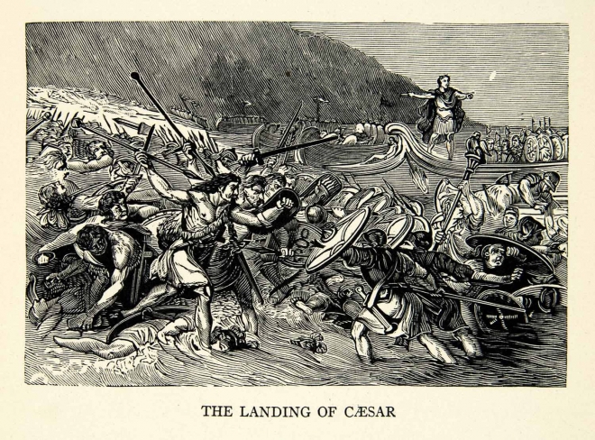 카이사르가 브리타니아(영국)을 정복하기 위해 해안가에 상륙하는 장면을 묘사한 목판화 위키미디어 제공
