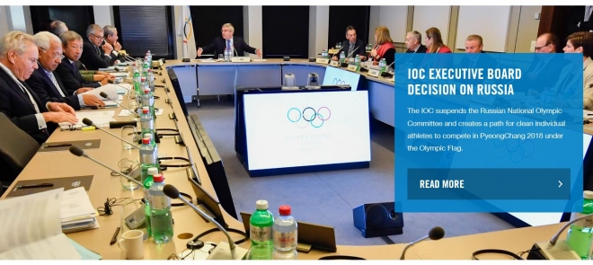 러시아 선수단의 2018 평창동계올림픽 출전을 불허한 직후 국제올림픽위원회(IOC)는 집행위 사진과 함께 간략한 기사를 홈페이지에 실었다. IOC 홈페이지 캡처