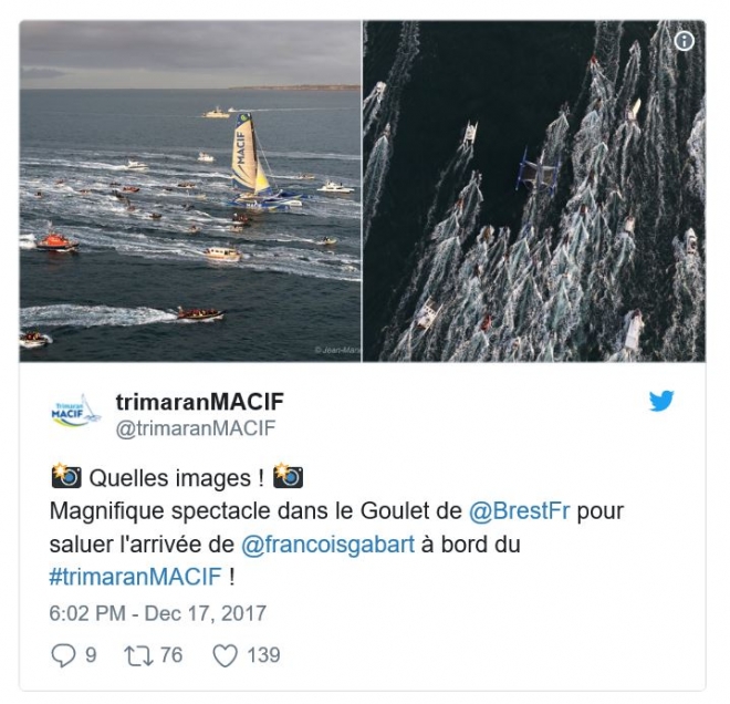 세계 일주를 마친 프랑수아 가바르를 환영하기 위해 수십 척의 배들이 브레스트 항구 바깥에 나가 함께 항구로 향하고 있다. 트위터 캡처 