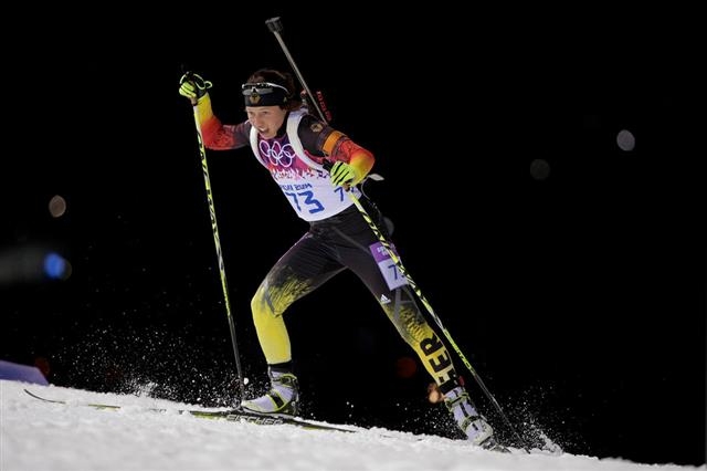 2018 평창동계올림픽 6관왕을 겨냥하는 로라 달마이어(독일)가 2014 소치올림픽 스프린트 여자 7.5㎞에서 안간힘을 다해 눈밭을 지치고 있다. AFP 자료 사진