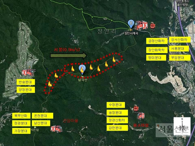 부산 기장군 삼각산에 새해 첫날인 1일 오후 9시 46분쯤 산불이 발생 임야 50만㎡를 태우고 13시간여만인 2일 오전 큰 불길이 잡혔다. 사진은 산불 현황. 부산소방본부 제공 