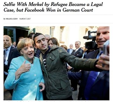 시리아 난민 청년을 테러범으로 조작한 가짜뉴스에 이용된 앙겔라 메르켈 독일 총리와 청년의 셀피 사진. memeburn 홈페이지
