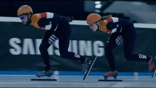 삼성전자가 만든 ‘스마트슈트’를 입고 훈련하는 네덜란드 쇼트트랙 국가대표팀. 옷 속에 달린 5개의 센서가 선수들의 자세와 속도 등을 실시간 측정한다.  삼성전자 제공