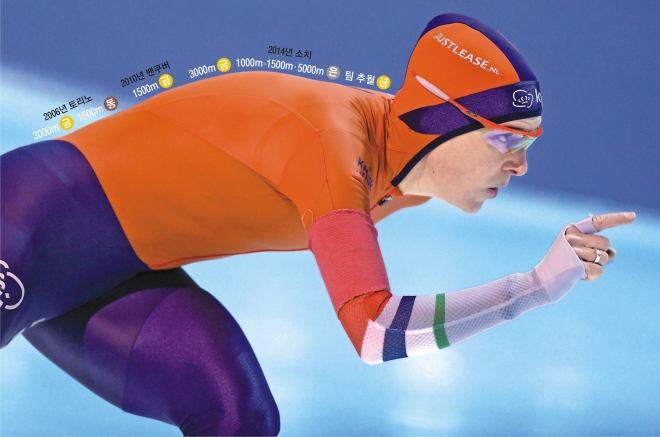 동계올림픽 네 대회 연속 금메달리스트를 꿈꾸는 이레인 뷔스트(네덜란드)가 지난달 20일(현지시간) 에르푸르트(독일)에서 열린 스피드스케이팅 월드컵 여자 1500m를 역주하고 있다. AP 자료사진 연합뉴스