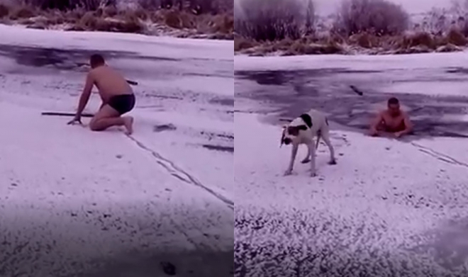 얼음 물 속에 빠진 개를 구한 용감한 남성(유튜브 영상 캡처)