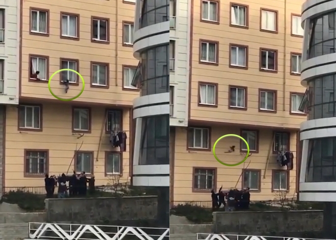 2살된 남자 아이가 2층 창문에 매달려 있다 아래로 떨어져 주민들이 담요로 받는 모습(유튜브 영상 캡처)