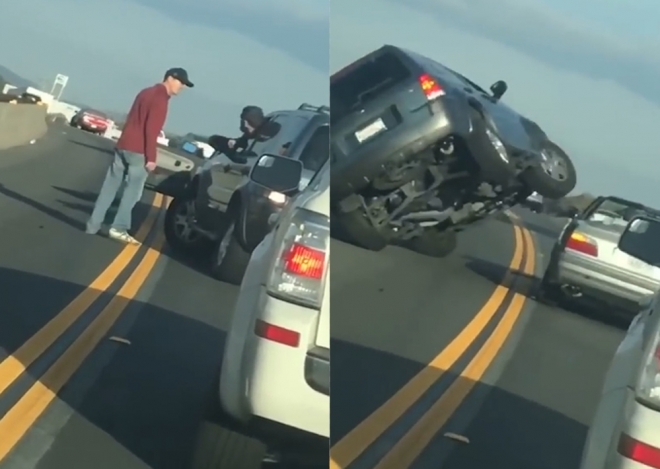 고속도로에서 뒷 차 운전자에게 침을 뱉어 사고를 유발한 앞 차 운전자와 분노를 참지 못하고 앞 차를 뒤에서 고의로 부딪힌 뒷차 운전자의 불행한 결말 모습(유튜브 영상 캡처)