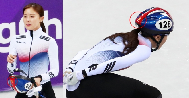 여자 쇼트트랙 국가대표 김아랑 선수 헬멧에 부착된 세월호 리본.  연합뉴스